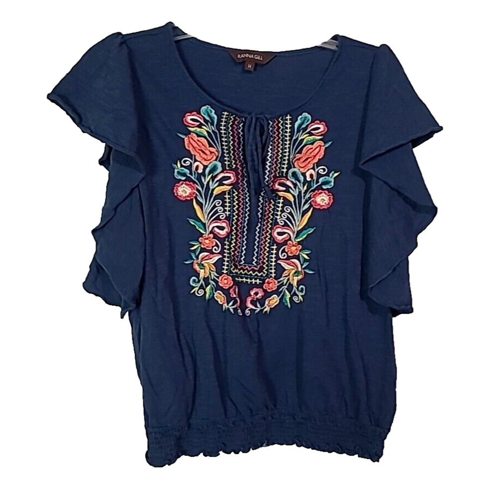 Ranna Gill Navy Blue Embroidered Floral‎ Flutter Sleeve Smocked Hem Cotton Top M